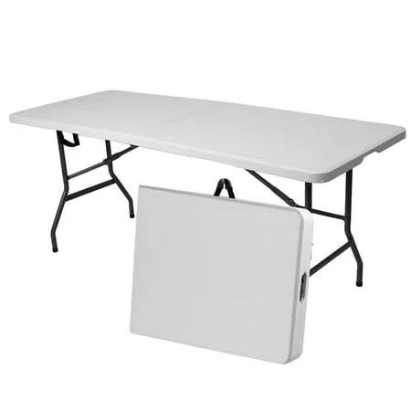folding table 6ft | heavy duty plastic event table with carrying handle | no assembly required | portable with side lock | powder-coated steel legs, white, plastic