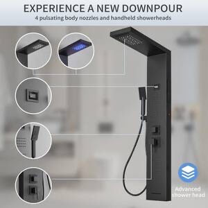 Condition photo showing New/Like New for 4-jet rainfall shower tower shower panel system with rainfall waterfall shower head and shower wand in matte black