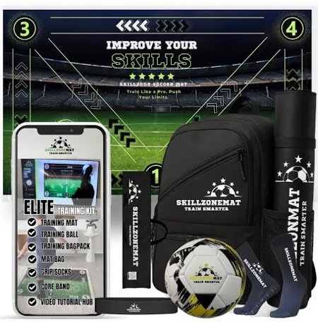 SkillZone Soccer Training Mat - Soccer Dribbling & Footwork Trainer with SkillZone Interactive Training Hub | Soccer Skills & Ball Control Practice for Kids & Teens | Indoor & Outdoor Agility & Coordination Training System (MIdnight Strike - Match Kit)