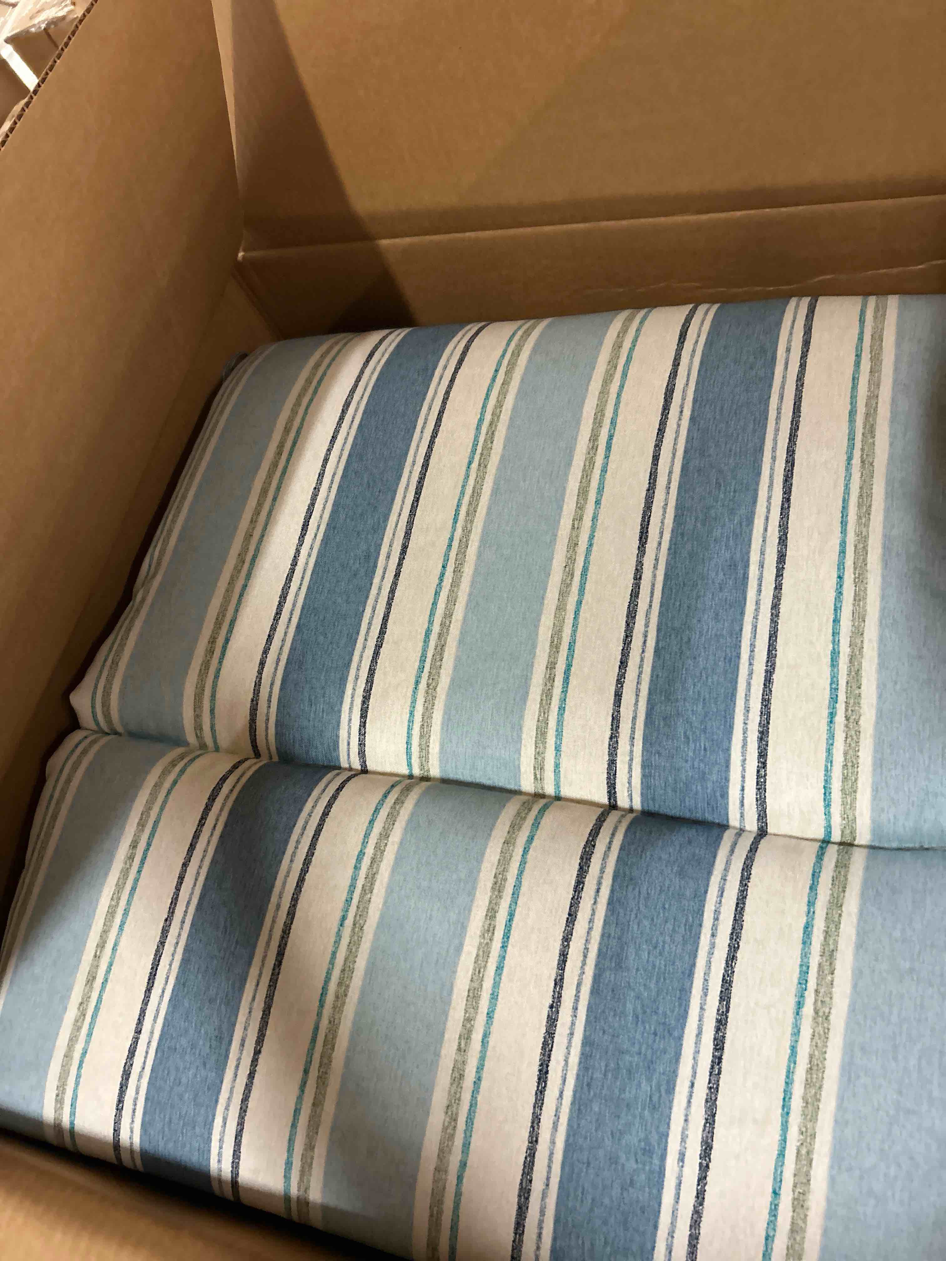 Condition photo showing New/Like New for 22 in. x 77 in. 2-piece outdoor chaise lounge cushion, french blue linen stripe