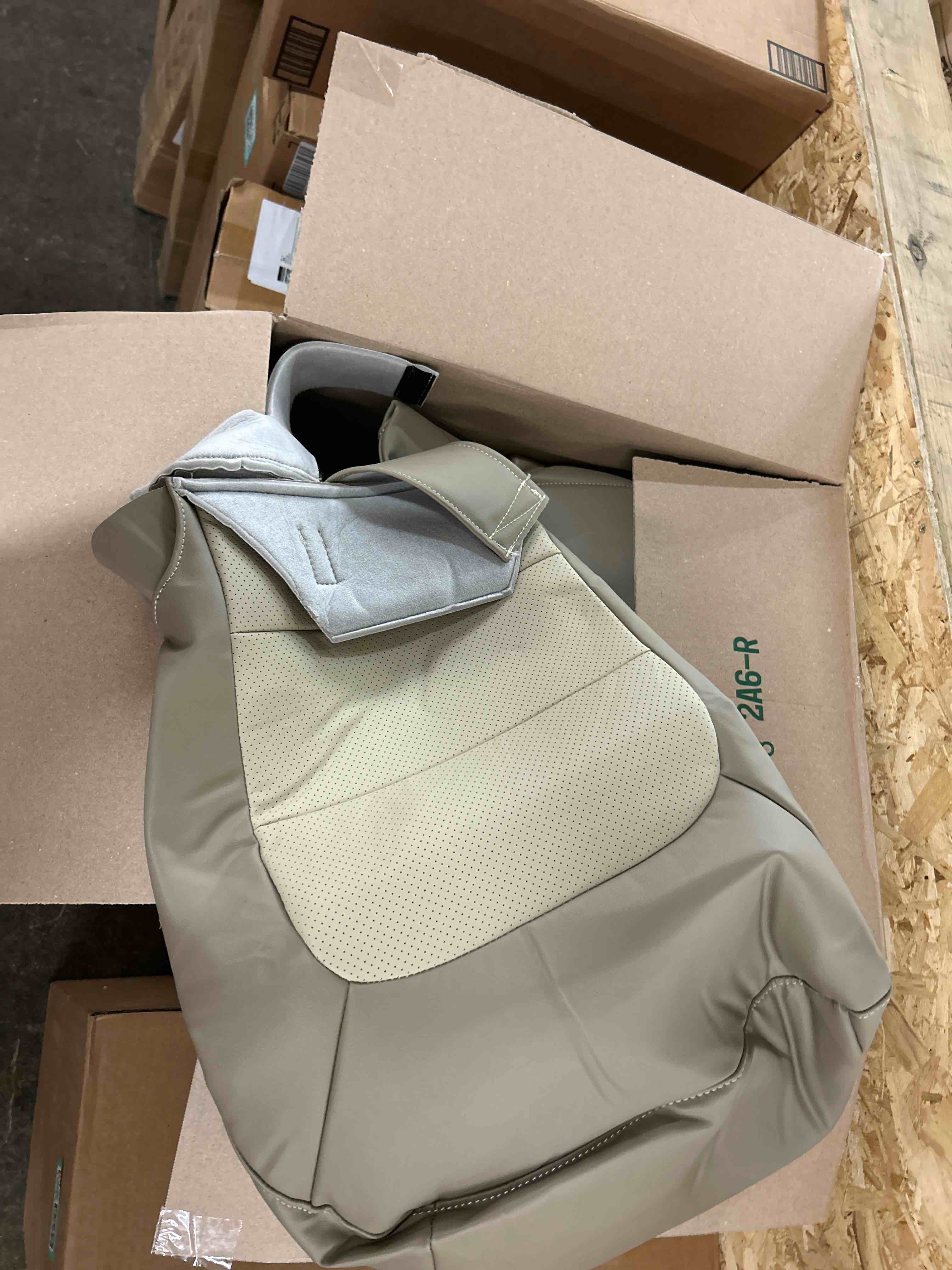 Condition photo showing New/Like New for driver and passenger bottom and top lean back replacement perforated leather seat covers tan compatible with ford expedition 2003 2004 2005 2006