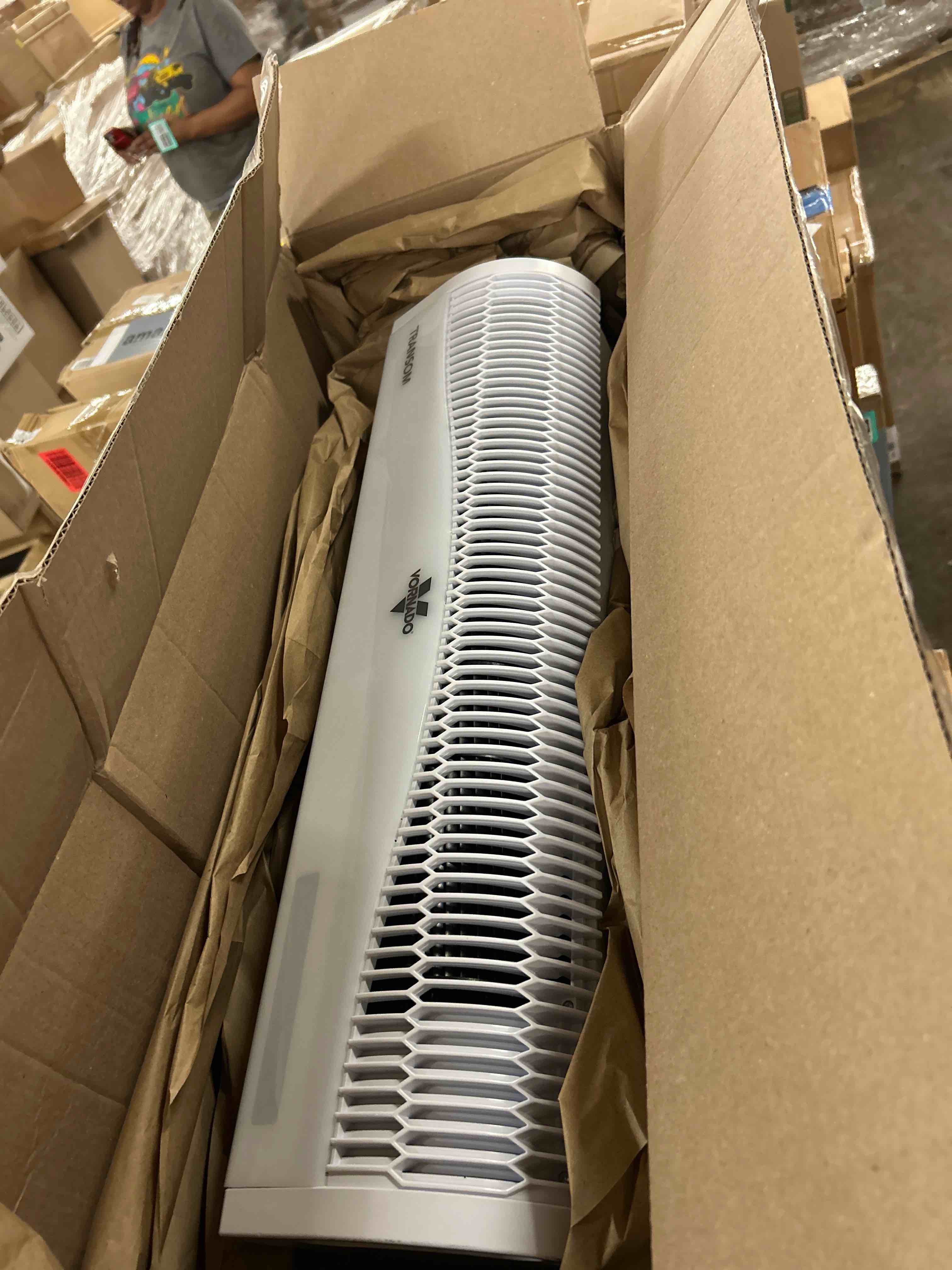 Condition photo showing New/Like New for vornado transom window fan with 4 speeds, remote control, reversible exhaust mode, weather resistant case, whole room, ice white