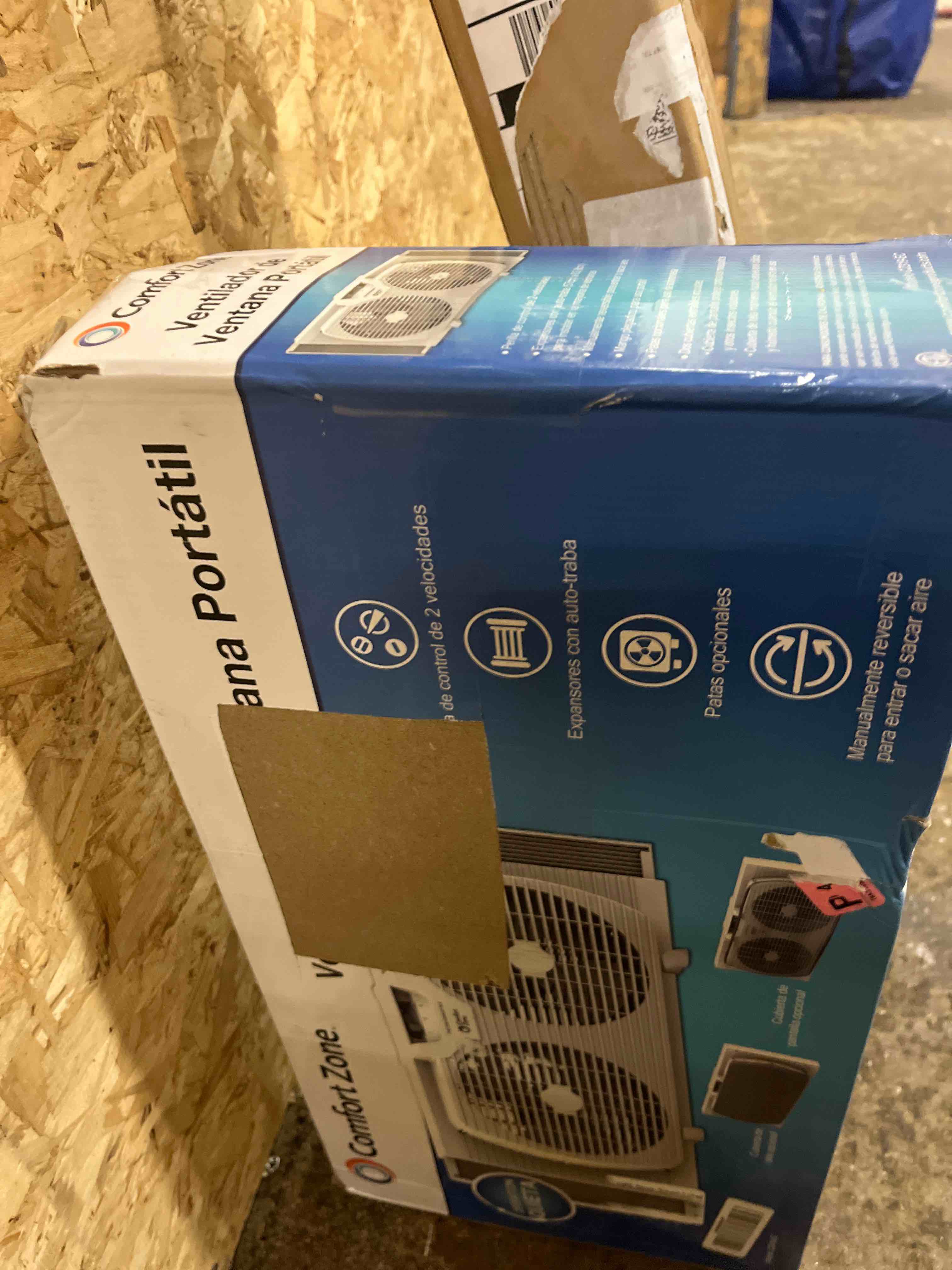 Condition photo showing New/Like New for comfort zone 9  twin window fan with reversible airflow control  auto-locking expanders  2 speed fan  dual fan  exhaust  airflow 9.84 ft/sec  ideal for home  kitchen  bedroom & office  cz319wt