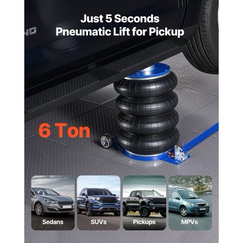 Condition photo showing New/Like New for vevor air jack, 6 ton/13227 lbs airbag jack, lift up to 26.5 inch with heightened column, adjustable handle & thick rubber pad, 2-5 s fast lifting pneumatic for car, suv, pickup truck repair, garage