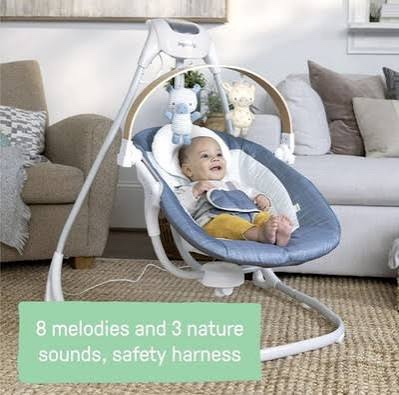 Condition photo showing New/Like New for ingenuity simple comfort compact swing with wood toy bar - chambray