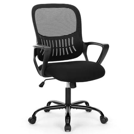dumos home office desk chair - ergonomic mid back with lumbar support & rocking mode, height adjustable with fixed armrest, for conference, computer, meeting room, 360° swivel, adults, black