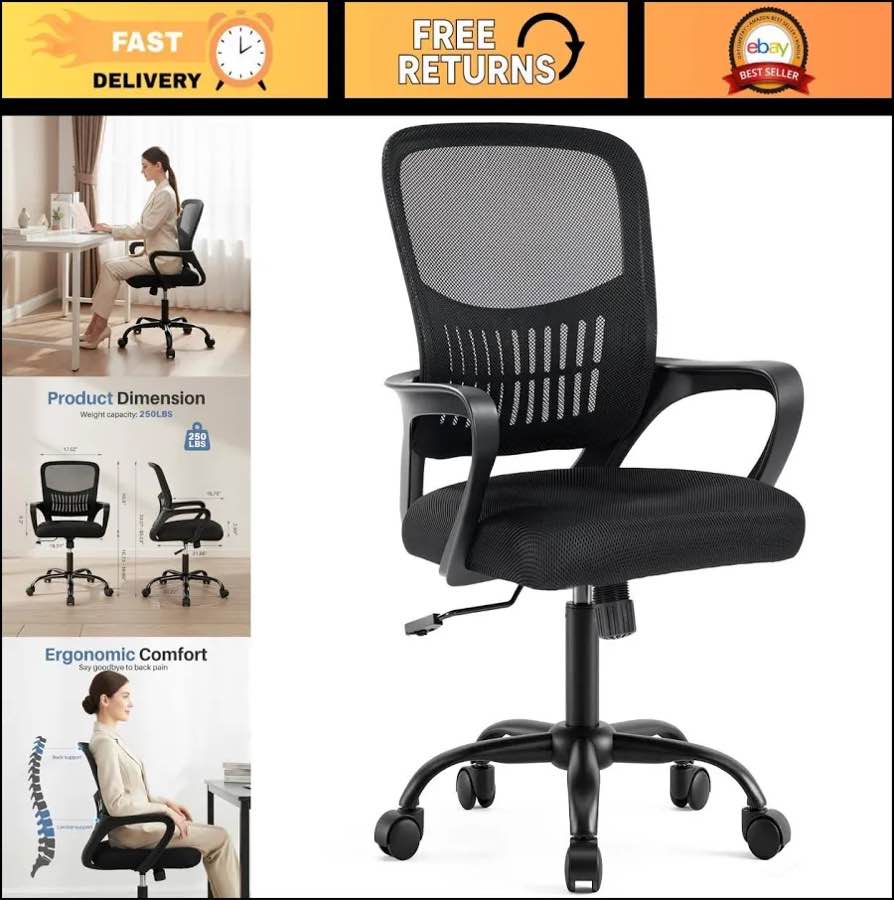 Condition photo showing Good Condition for dumos home office desk chair - ergonomic mid back with lumbar support & rocking mode, height adjustable with fixed armrest, for conference, computer, meeting room, 360° swivel, adults, black