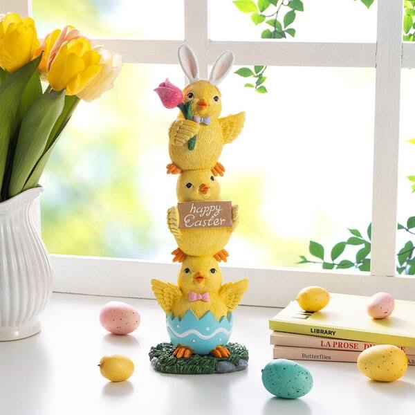 Condition photo showing New/Like New for 13.25"h easter resin stackable chickens table decor