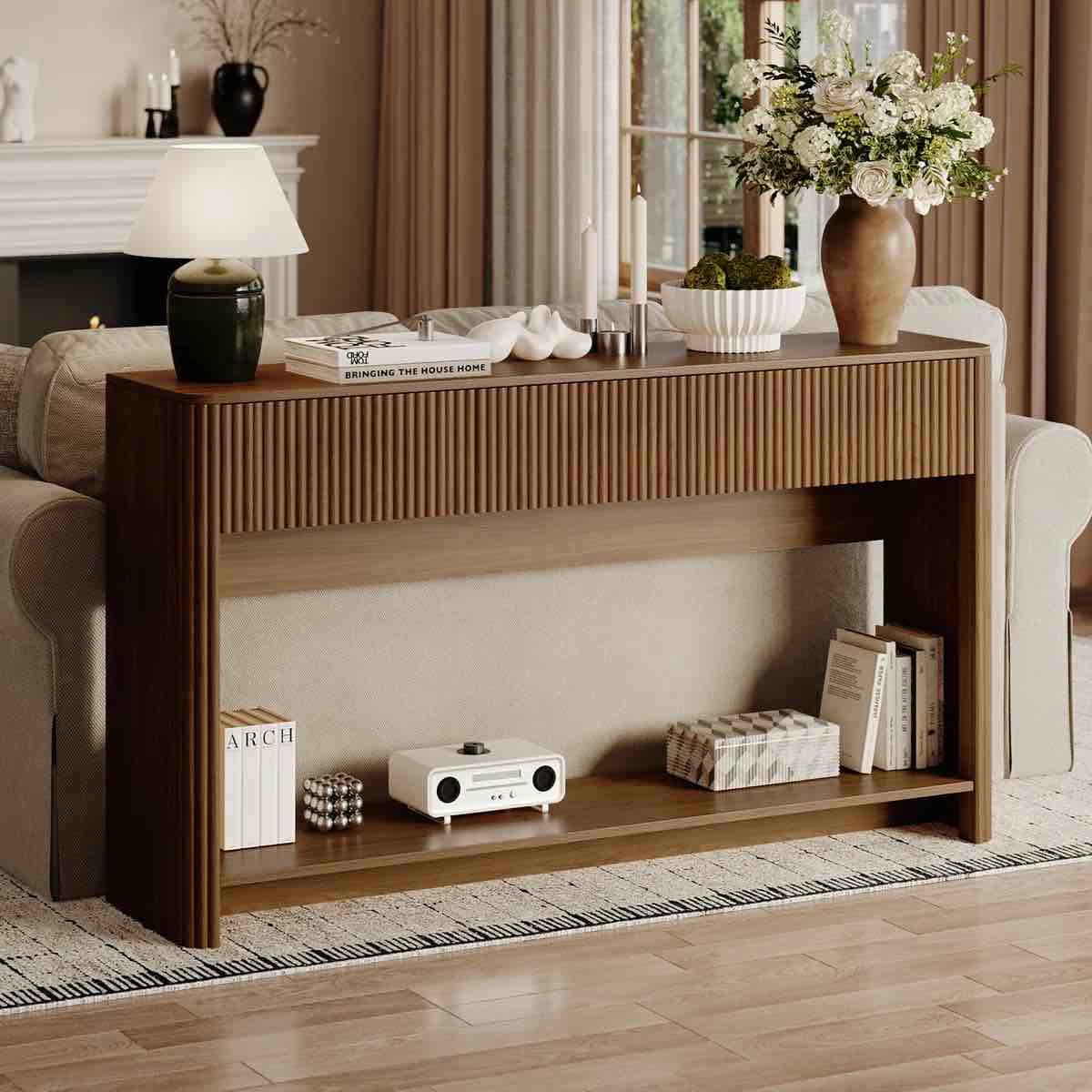 Condition photo showing New/Like New for modern console table with shelf & drawers