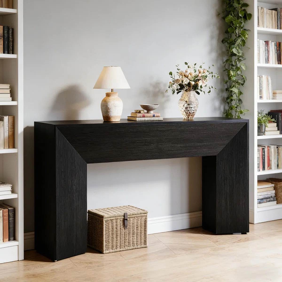 Condition photo showing New/Like New for extra long console table, modern farmhouse sofa table behind couch, behind couch table