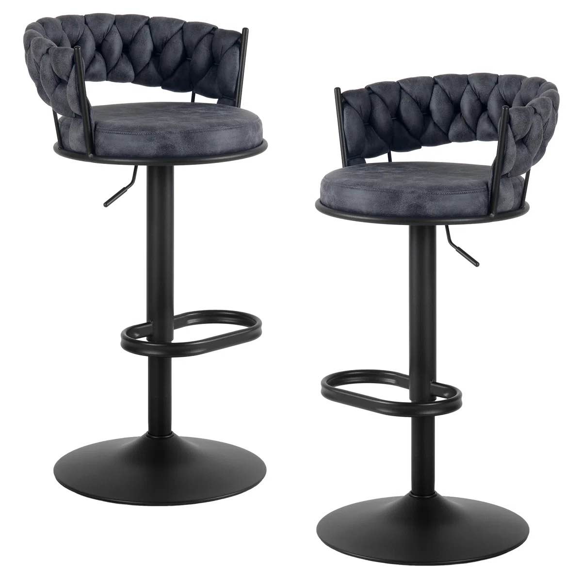 Condition photo showing New/Like New for modern woven green fabric tufted back swivel bar stools with adjustable height black metal base and footrest stylish stools for kitchen counter breakfast bar or home bar, set of 2