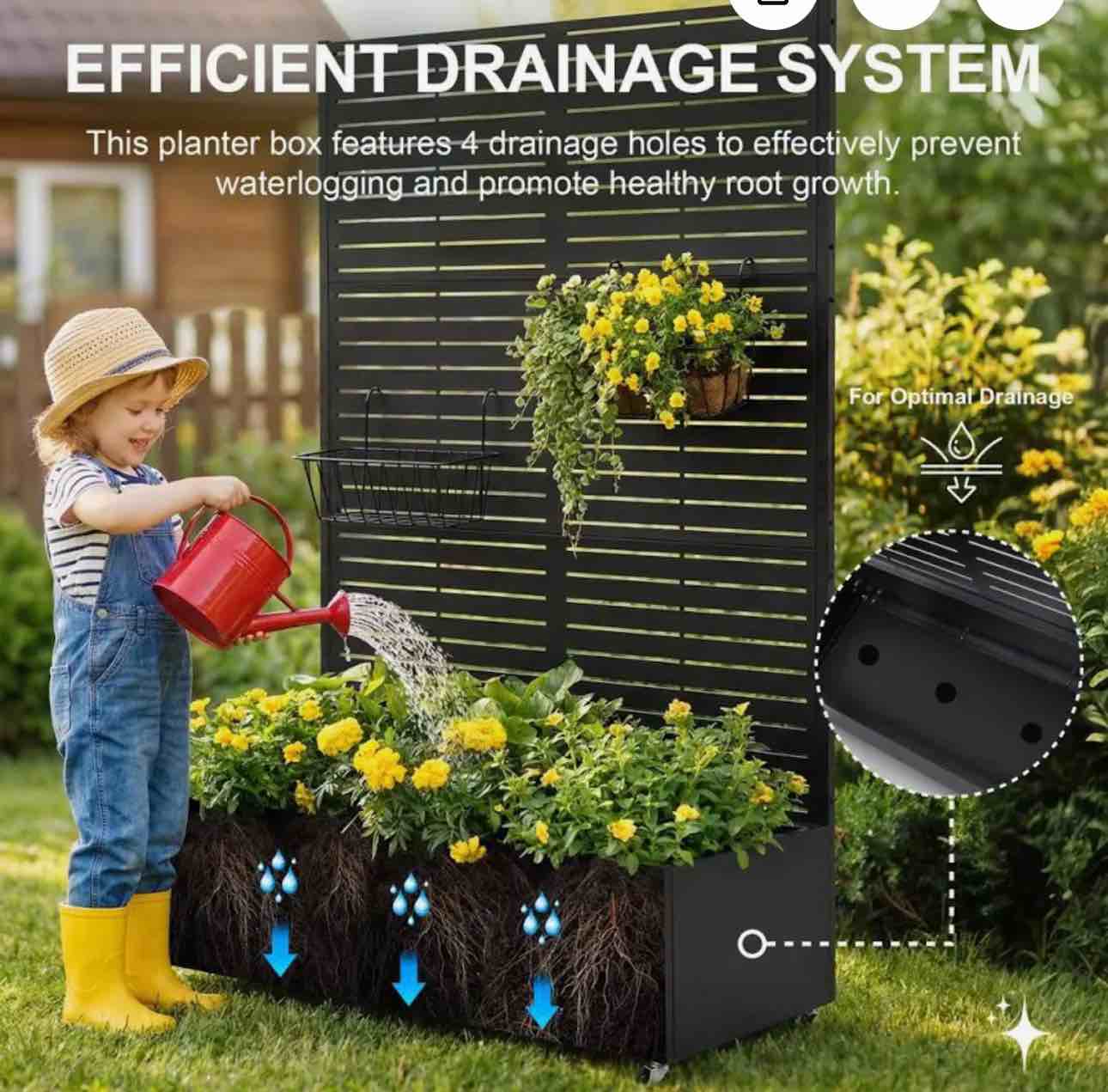 Condition photo showing New/Like New for metal planter box with trellis and wheels, heavy-duty raised garden bed for climbing plants, vegetable, vines, outdoor planter box with privacy screen, 72''h×16''w×47''l