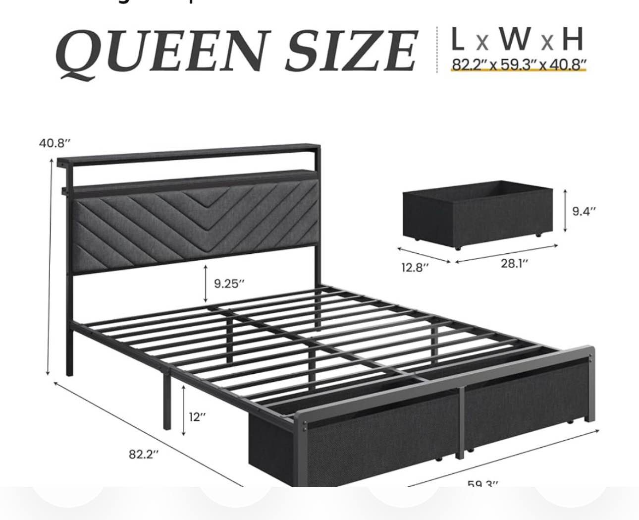 Condition photo showing New/Like New for fluest queen bed frame with 2 drawers, upholstered headboard with storage and charging station, led lights, fabric drawers with wheels, under bed storage, no box spring needed, easy assembly, grey