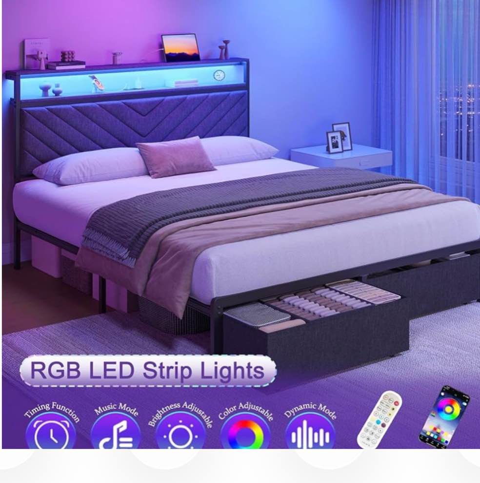 fluest queen bed frame with 2 drawers, upholstered headboard with storage and charging station, led lights, fabric drawers with wheels, under bed storage, no box spring needed, easy assembly, grey