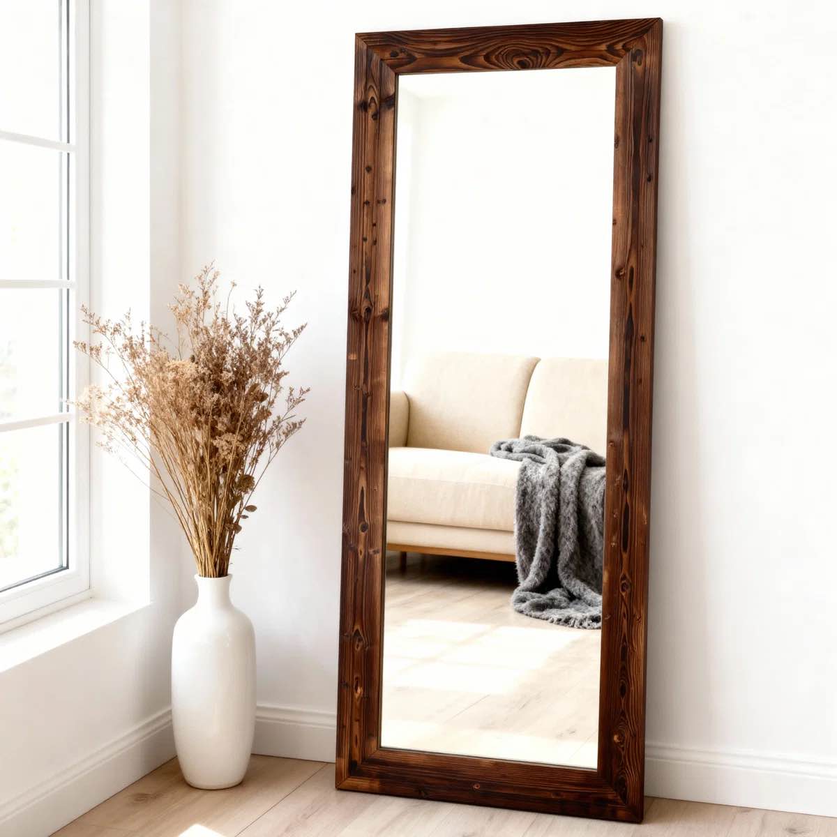 Condition photo showing New/Like New for brown full-length mirror, 71x30 inch wood frame full-length mirror, freestanding mirror for bedroom, dressing room, living room