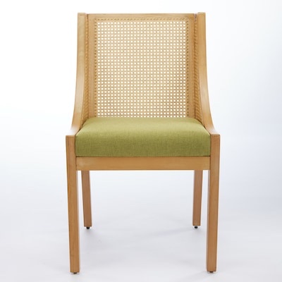 Condition photo showing New/Like New for rattan dining chairs, solid wood frame with decorative armrests, linen upholstered seat, rustic wooden style side chairs for kitchen, dining room, living room, natural finish