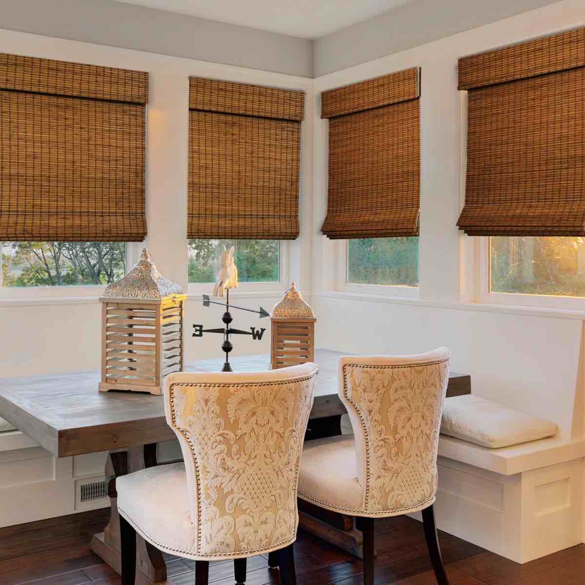 Condition photo showing New/Like New for natural woven light filtering cordless bamboo roman shades