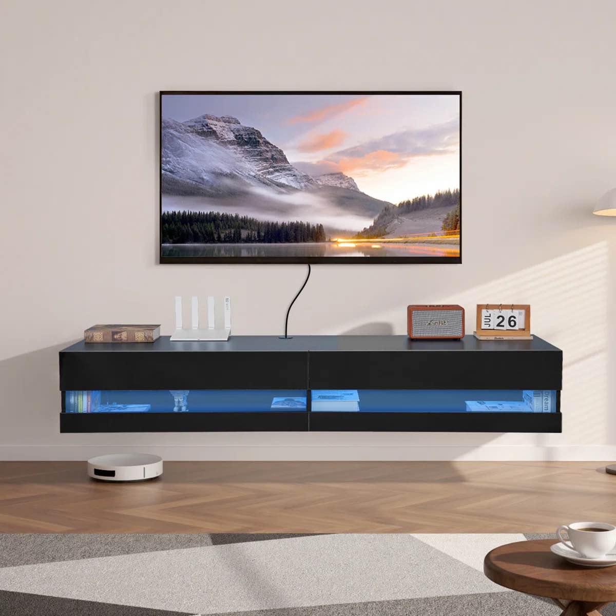 Condition photo showing New/Like New for floating tv stand, 71 in wall mount entertainment center with power outlet & led lights, modern floating tv shelf with 2 drawers & storage cabinet for dvd player, cable box, game console, black