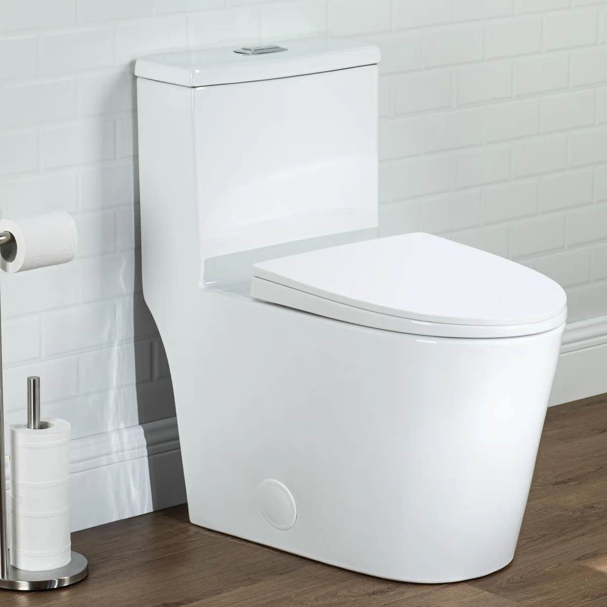 Condition photo showing New/Like New for 17" comfort height standard toilet, dual-flush modern elongated one-piece toilet with glazed surface (seat lncluded) cd-t001