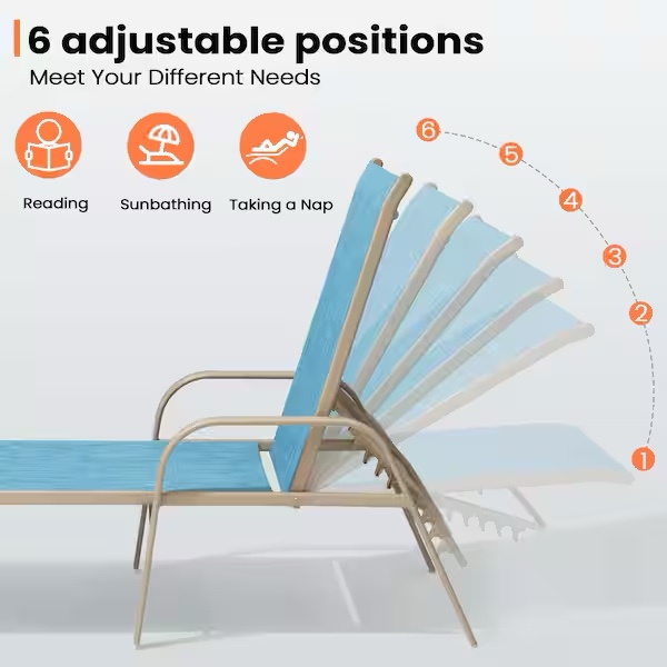 Condition photo showing New/Like New for 2-piece aluminum adjustable outdoor patio chaise lounge with arms and blue textilene fabric