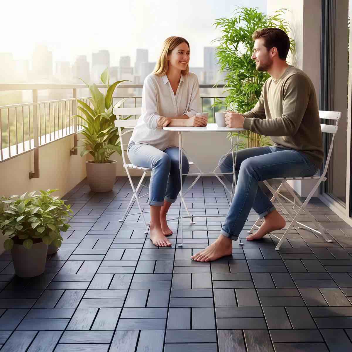 plastic interlocking deck tiles, 44 pack, 12" x 12" waterproof indoor outdoor flooring all weather use, non-slip patio floor decking tiles for porch poolside backyard balcony garage, dark gray