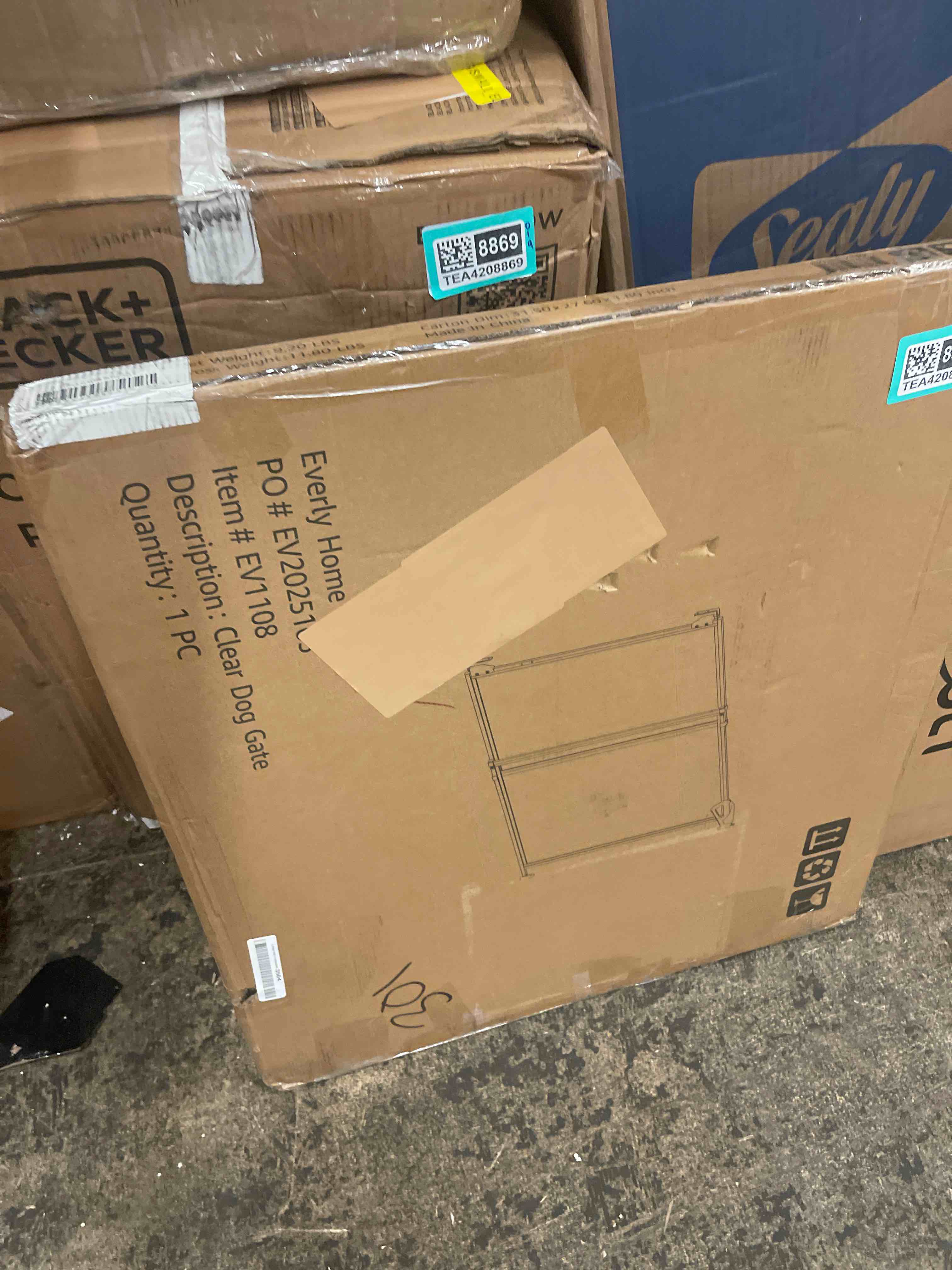 Condition photo showing New/Like New for hardware mounted clear dog gate (must drill to install), no bottom bar pet safety gate for doorways hallways stairs, fit for 28"-43.5" wide opening, 30" tall, indoor outdoor use