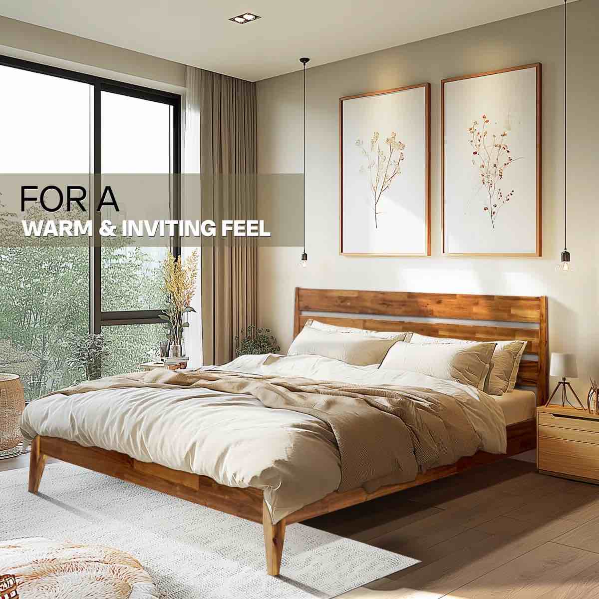 Condition photo showing New/Like New for acacia premium king emery solid wood platform bed frame with headboard included, no box spring needed, weight capacity 800lb.