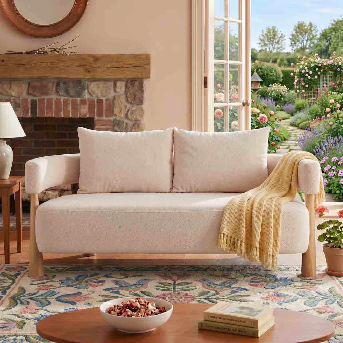 Condition photo showing New/Like New for chenille upholstered loveseat sofa with curved arm & 2 pillows, pebble