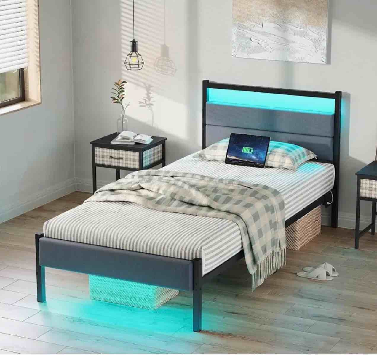 Condition photo showing New/Like New for led light bed frame with bookshelf headboard charging station faux leather upholstered queen size metal platform usb ports beds with bookcase shelves