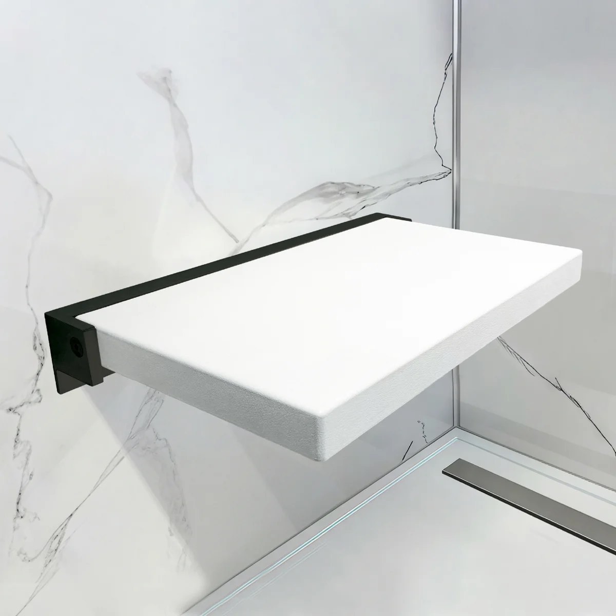 Condition photo showing New/Like New for preston flip-up shower seat 20" w x 13.6" d white and matte black pps1420up-01mb