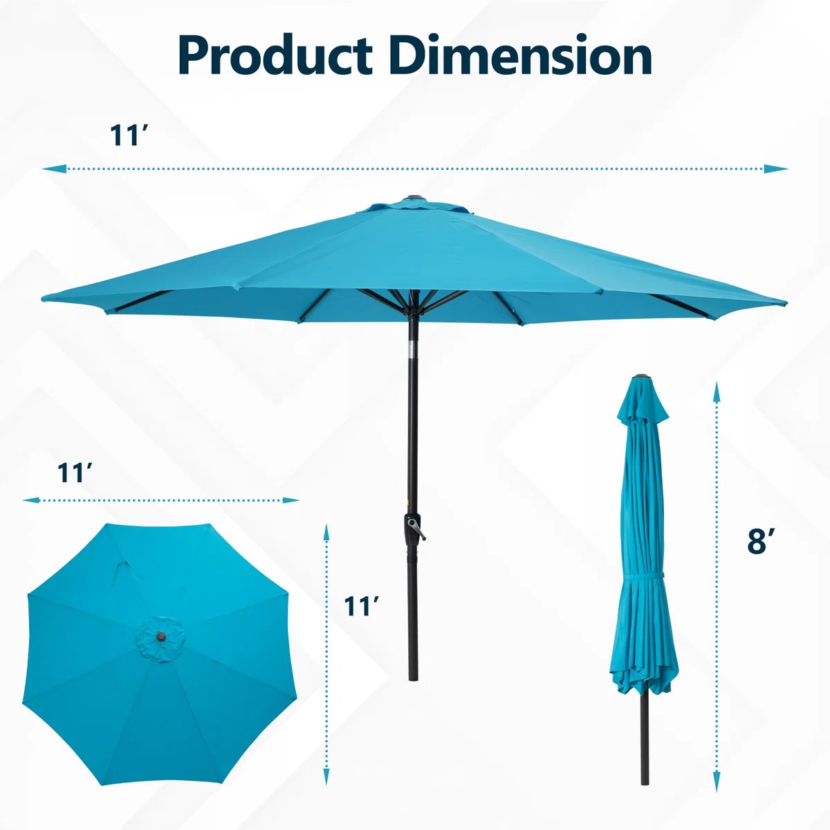 Condition photo showing New/Like New for 11 ft patio umbrella with push button tilt/crank and 8 sturdy ribs
