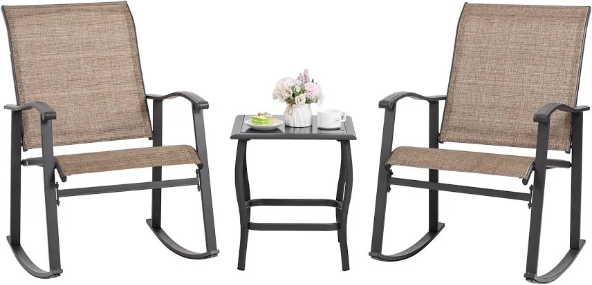 Condition photo showing New/Like New for 3 pieces rocking bistro patio furniture rocker set with 2 outdoor rocking chairs and 1 glass coffee table for porch deck lawn,brown