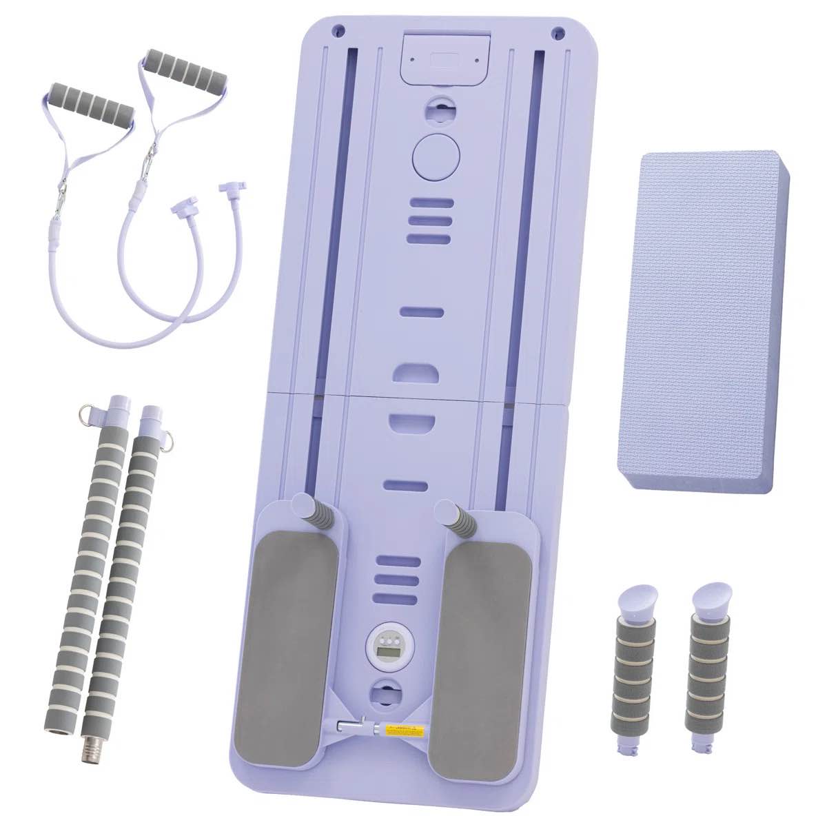 Condition photo showing New/Like New for foldable pilates board set with timer & phone holder, home fitness reformer, purple