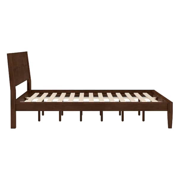 Condition photo showing New/Like New for dark walnut brown minimalist modern solid wood bed frame king platform bed with slanted headboard, easy assembly