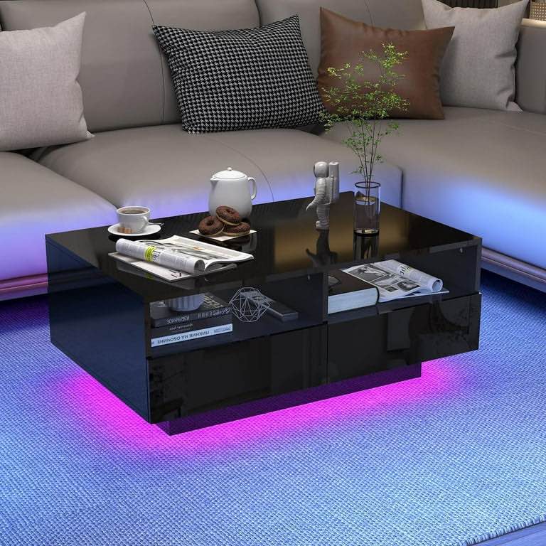 Condition photo showing New/Like New for led coffee table with 4 storage drawers + 2 usb ports and outlets, black high glossy coffee table with 16 colors led lights, rectangular modern center table for living room