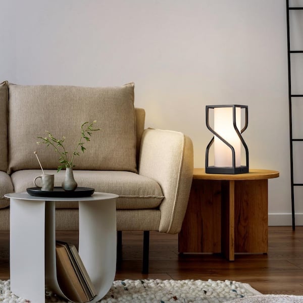 Condition photo showing New/Like New for 11.4 in. black metal table lamp with fabric white shade and usb port
