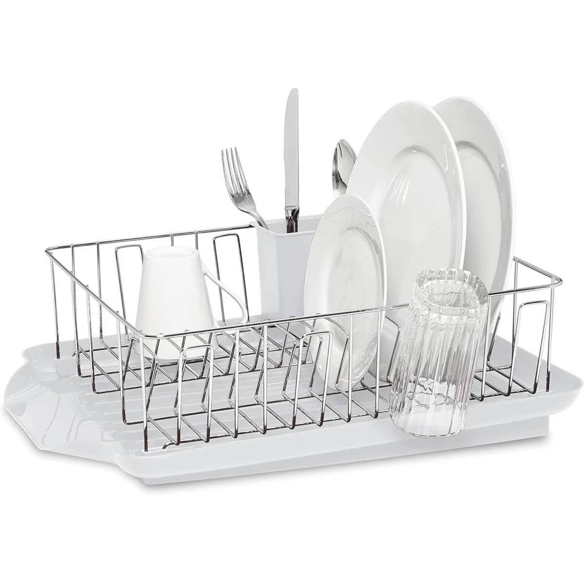 Condition photo showing New/Like New for lassic rust resistant full dishrack with removable 3 compartment flatware caddy andlged drain board 3 piece