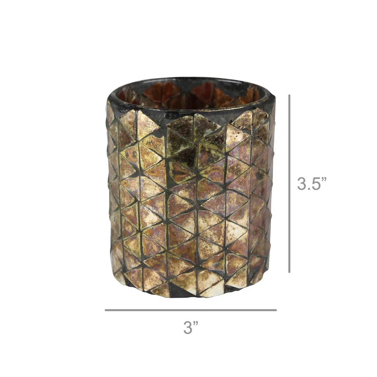Condition photo showing New/Like New for mosaic, gold glass hurricane