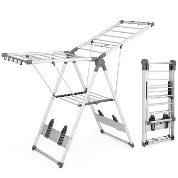Condition photo showing New/Like New for 2-layer space-saving gray metal free standing drying rack collapsible clothes drying rack