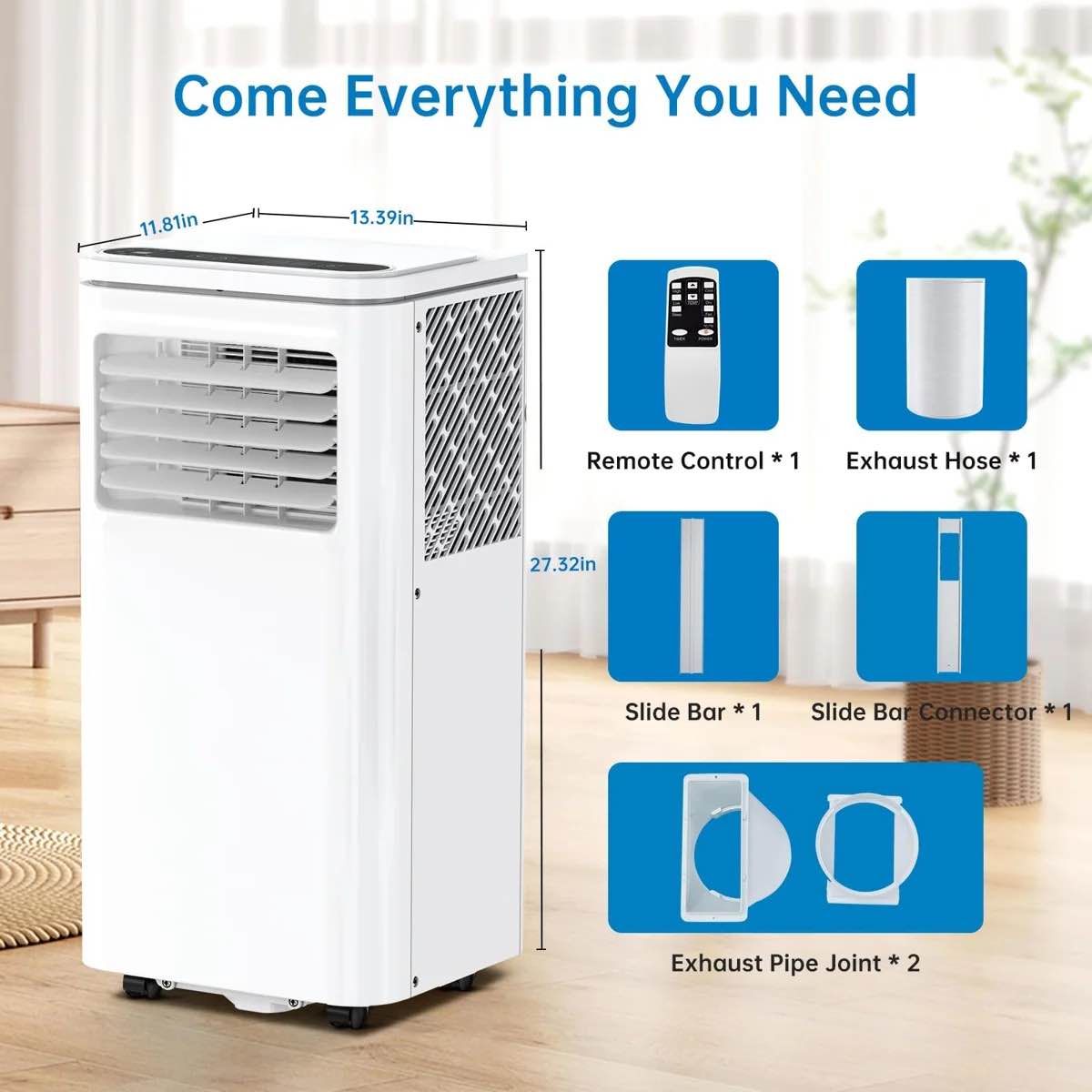 Condition photo showing New/Like New for 3-in-1 portable air conditioner with remote, cools 450 sq.ft, dehumidifier & fan, quiet operation, 24h timer, sleep mode, window kit for home, office, dorm, white