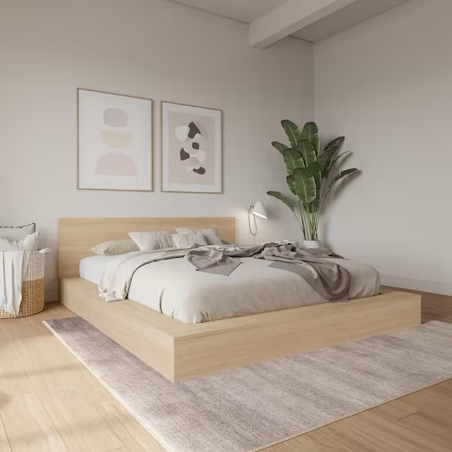 Condition photo showing New/Like New for kanso beige frame king size low profile platform bed with headboard