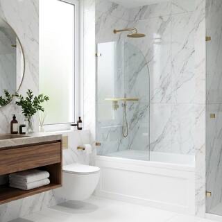 Condition photo showing New/Like New for orion pivot frameless tub door in matte brushed gold with 5/16 in. (8mm) clear glass