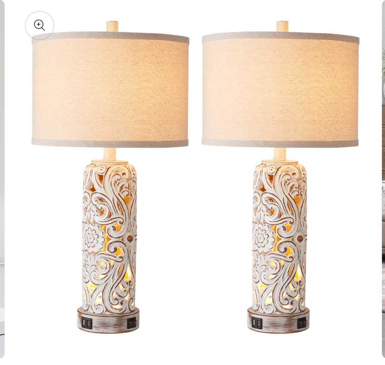 Condition photo showing New/Like New for carved floral pillar table lamps w. night light & usb, wash white resin, white lampshade