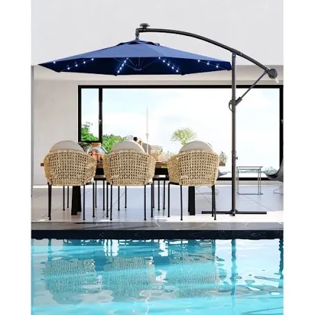 Condition photo showing New/Like New for 10ft cantilever umbrella for 2-6 people, outdoor offset design with infinite tilt and crank lift, fade resistant canopy large patio umbrella for deck pool garden backyard, navy blue