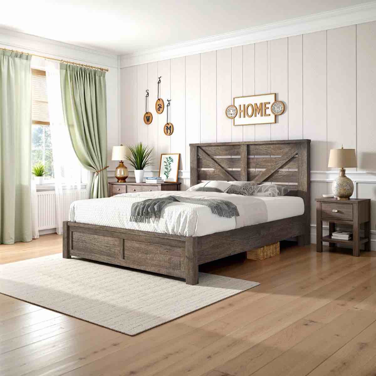 Condition photo showing New/Like New for tryston farmhouse queen bed frame barn door headboard, gray
