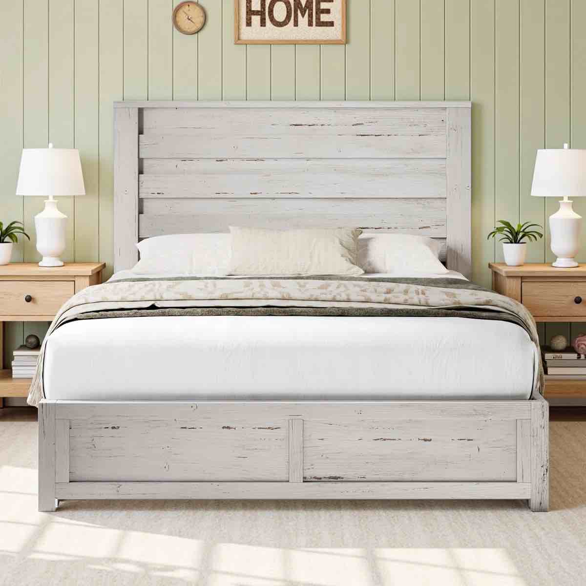 Condition photo showing New/Like New for alicia full metal bed frame with wooden headboard & footboard, rustic industrial farmhouse platform bed with heavy duty steel support, no box spring required, under bed storage, noise-free mattress foundation, white