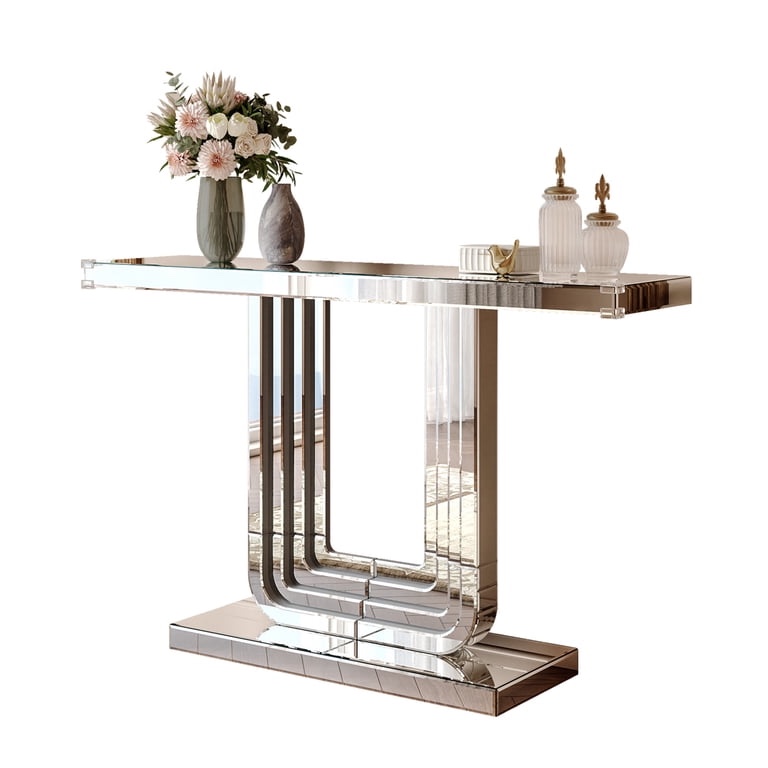 Condition photo showing New/Like New for noble house mirrored console table, silver entryway table with u-base and hand-spliced line design,silver
