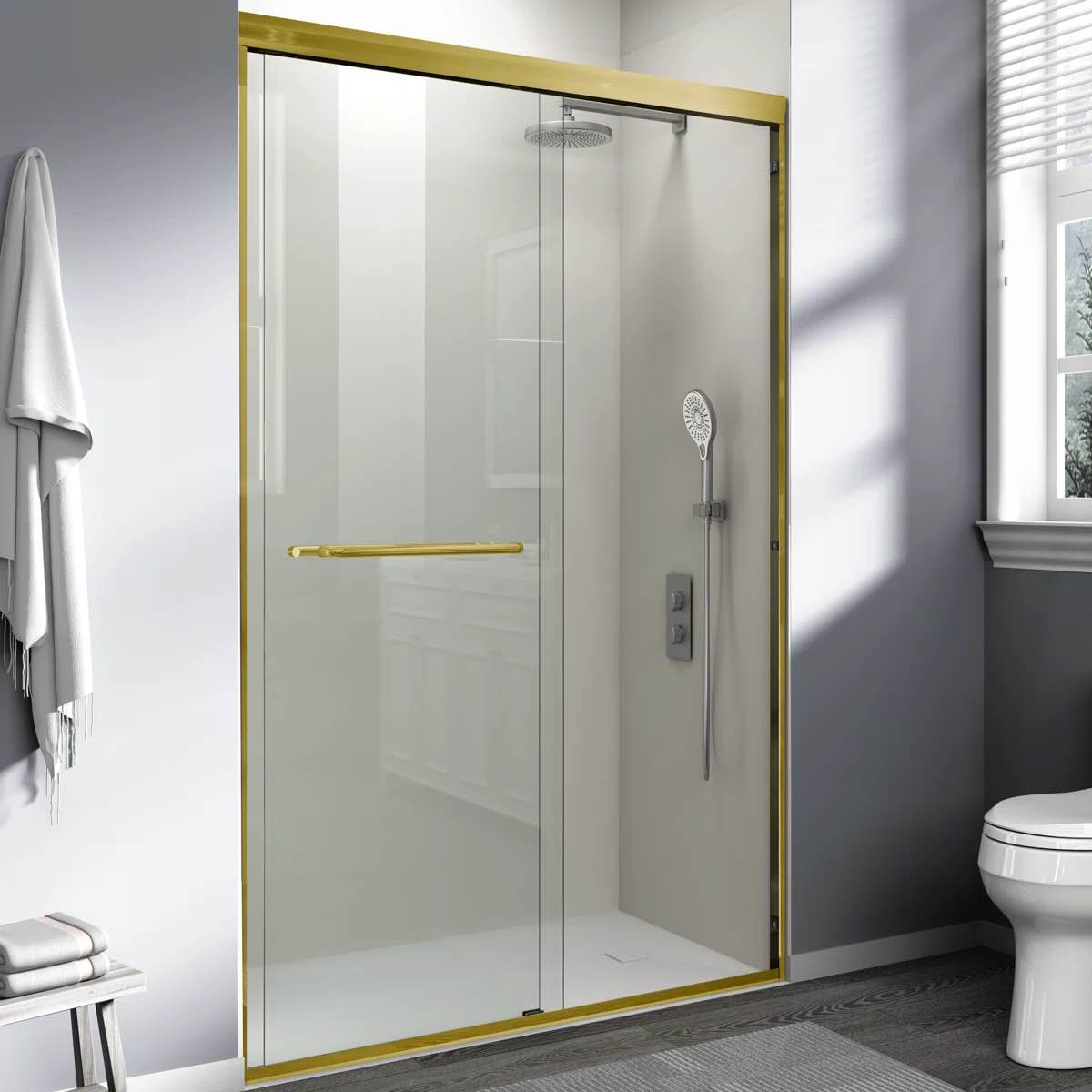 double sliding shower door semi-frameless bypass sliding door with sgcc tempered glass explosion-proof film, 2 towel bars for walk-in bathroom, gold24d03-48mbx