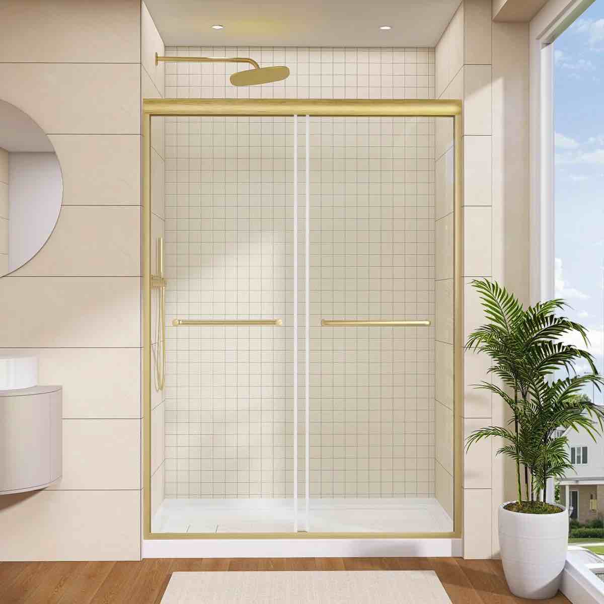 Condition photo showing New/Like New for double sliding shower door semi-frameless bypass sliding door with sgcc tempered glass explosion-proof film, 2 towel bars for walk-in bathroom, gold24d03-48mbx