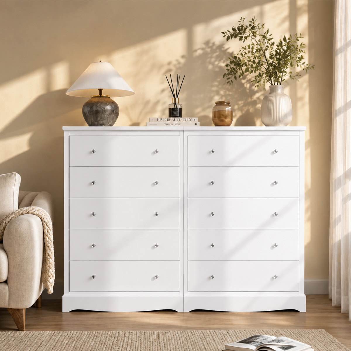 Condition photo showing New/Like New for white wooden 5 drawers chest of drawers 